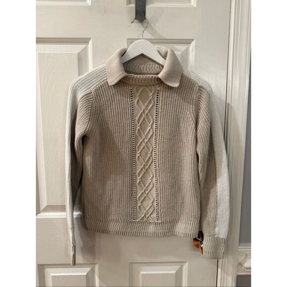 ANR+ Presented by Alp n Rock Beige Collared White Stripe Sleeve Sweater sz S EUC - Picture 2 of 8